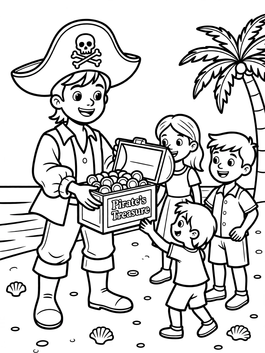 A brave pirate sharing his treasure with friends.