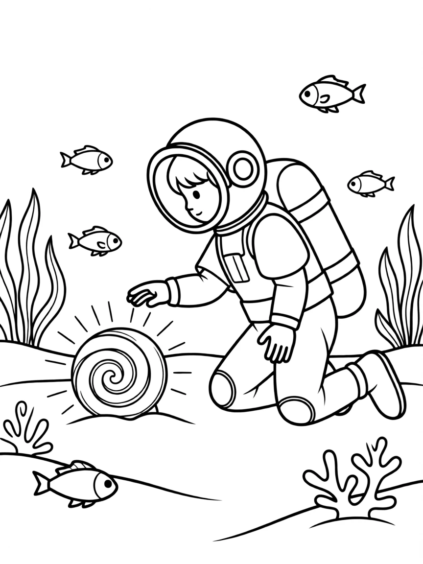 A deep-sea diver discovering a glowing shell.