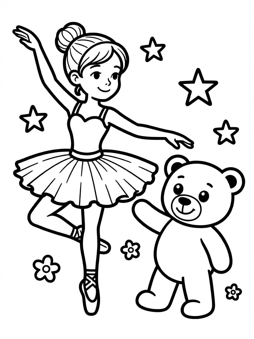 A graceful ballerina dancing with a teddy bear.