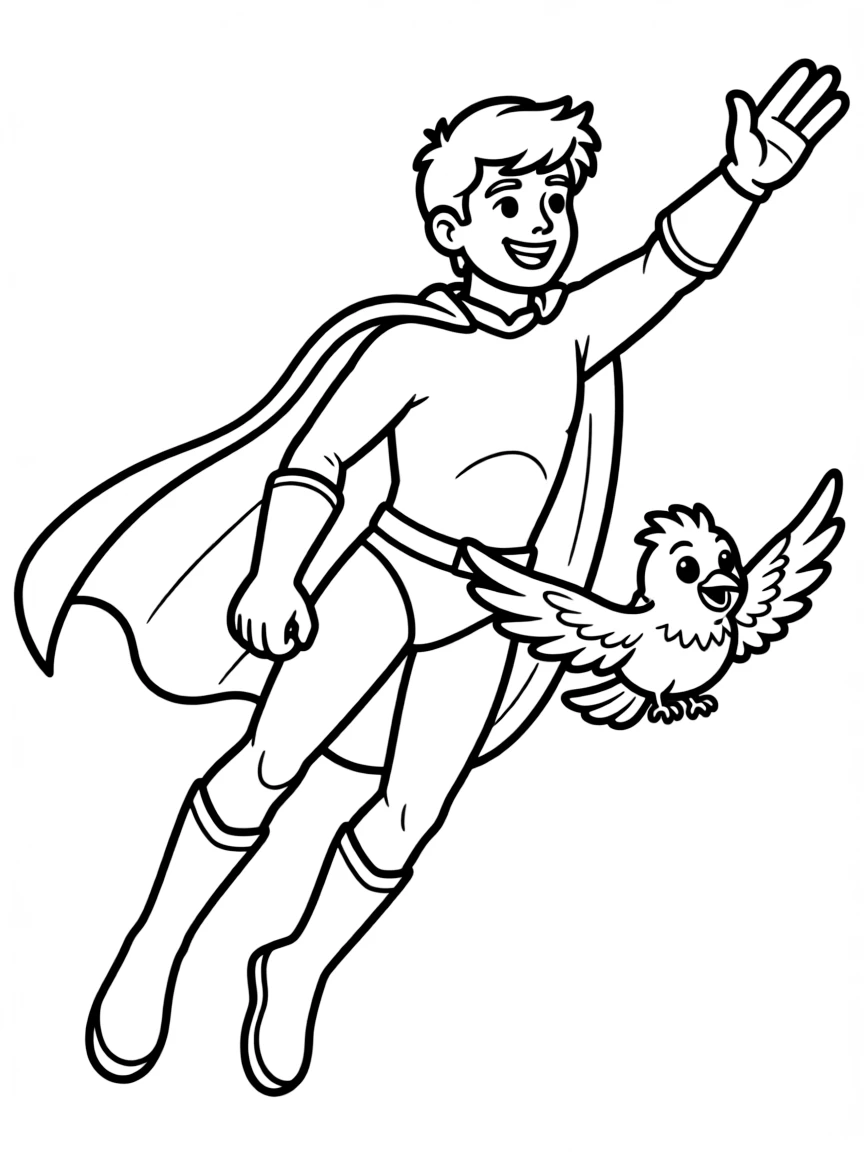 A strong superhero flying with a pet bird.