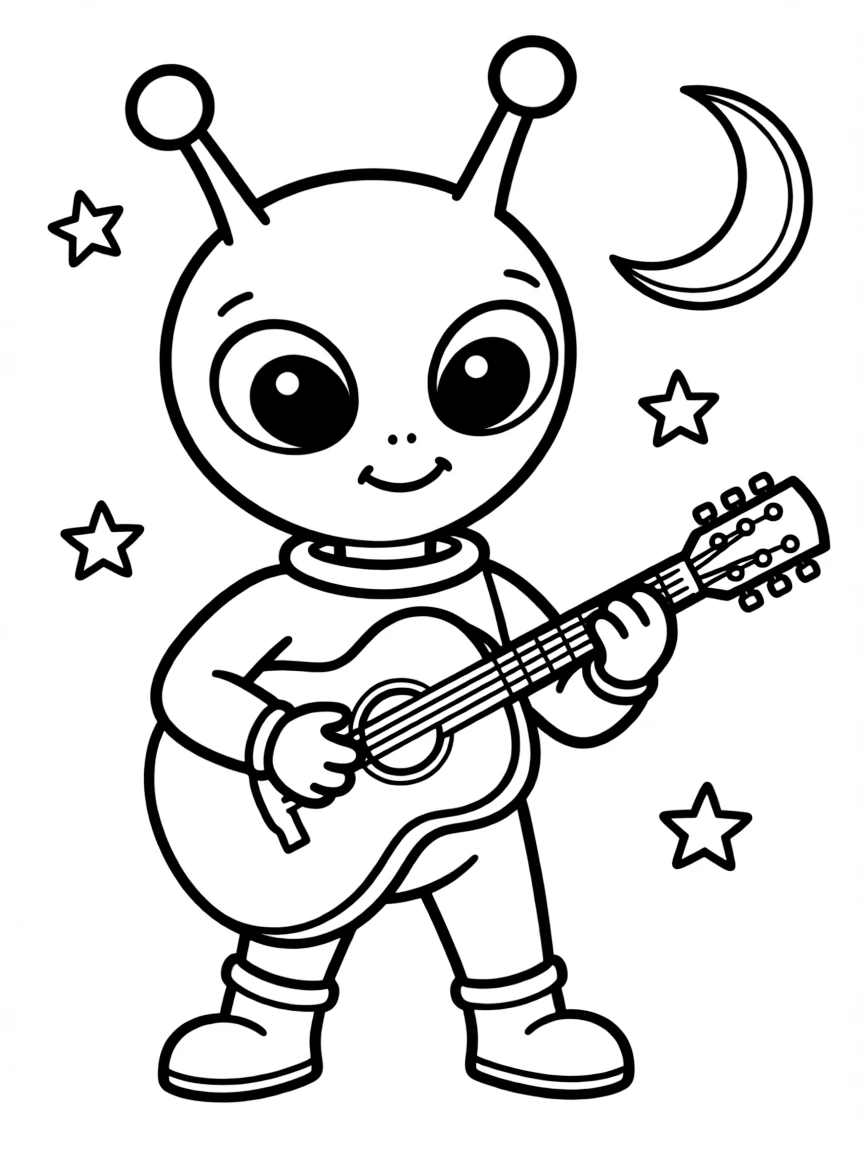 A friendly alien playing a guitar.