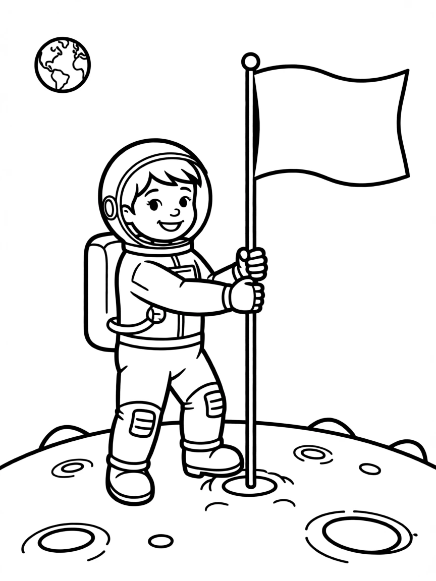 A happy astronaut planting a flag on the moon.