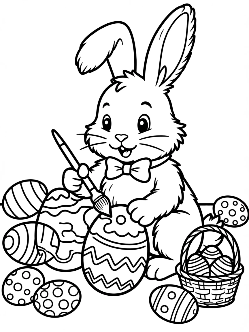 A fluffy bunny painting Easter eggs.