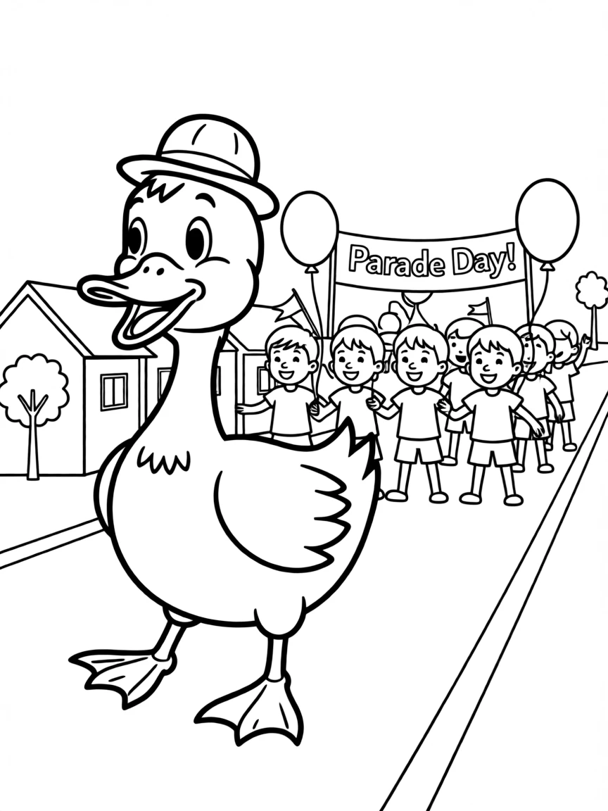A quacking duck leading a parade.