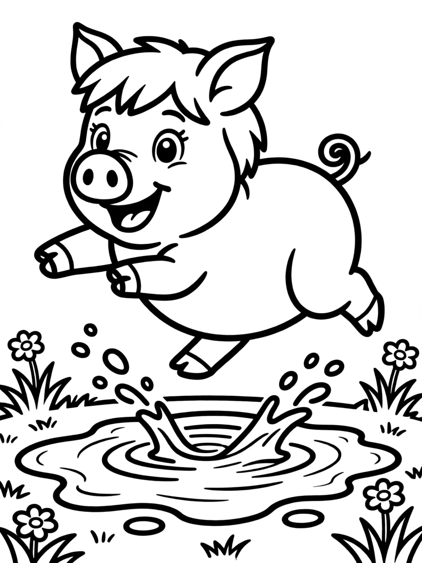 A oinking pig jumping in clean mud.