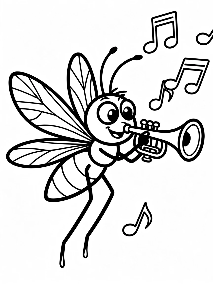 A buzzing mosquito playing a tiny trumpet.