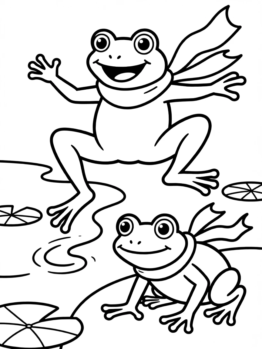 A jumping frog playing leapfrog.