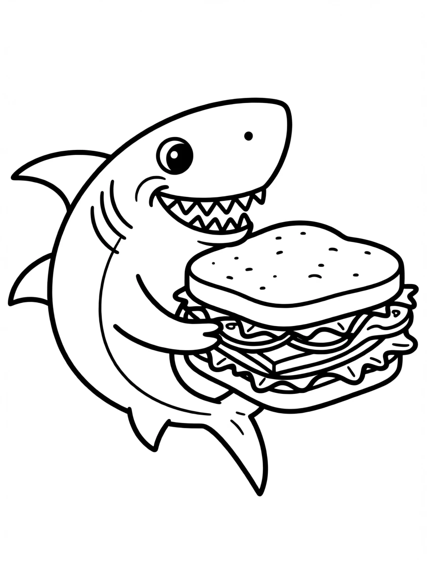 A hungry shark eating a sandwich.