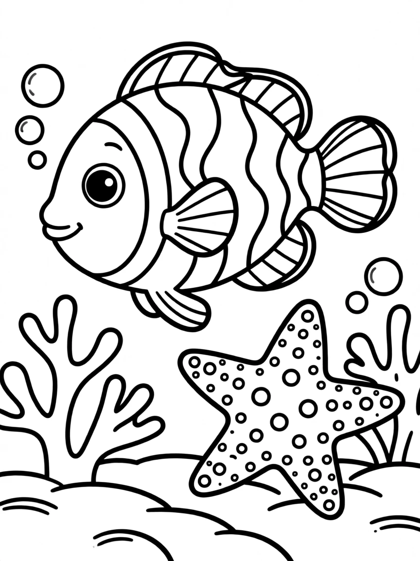 A colorful clownfish swimming with a starfish.