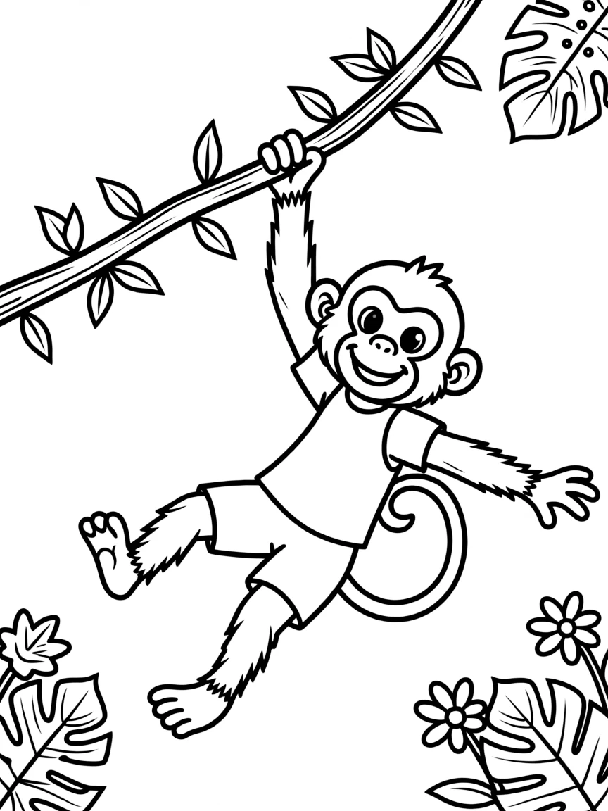 A furry monkey swinging on a vine.