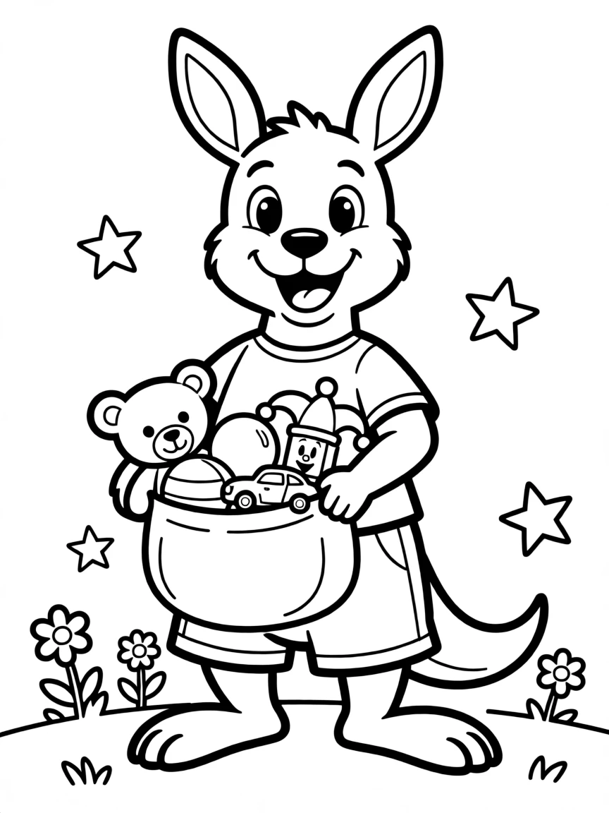 A bouncy kangaroo holding a pouch full of toys.