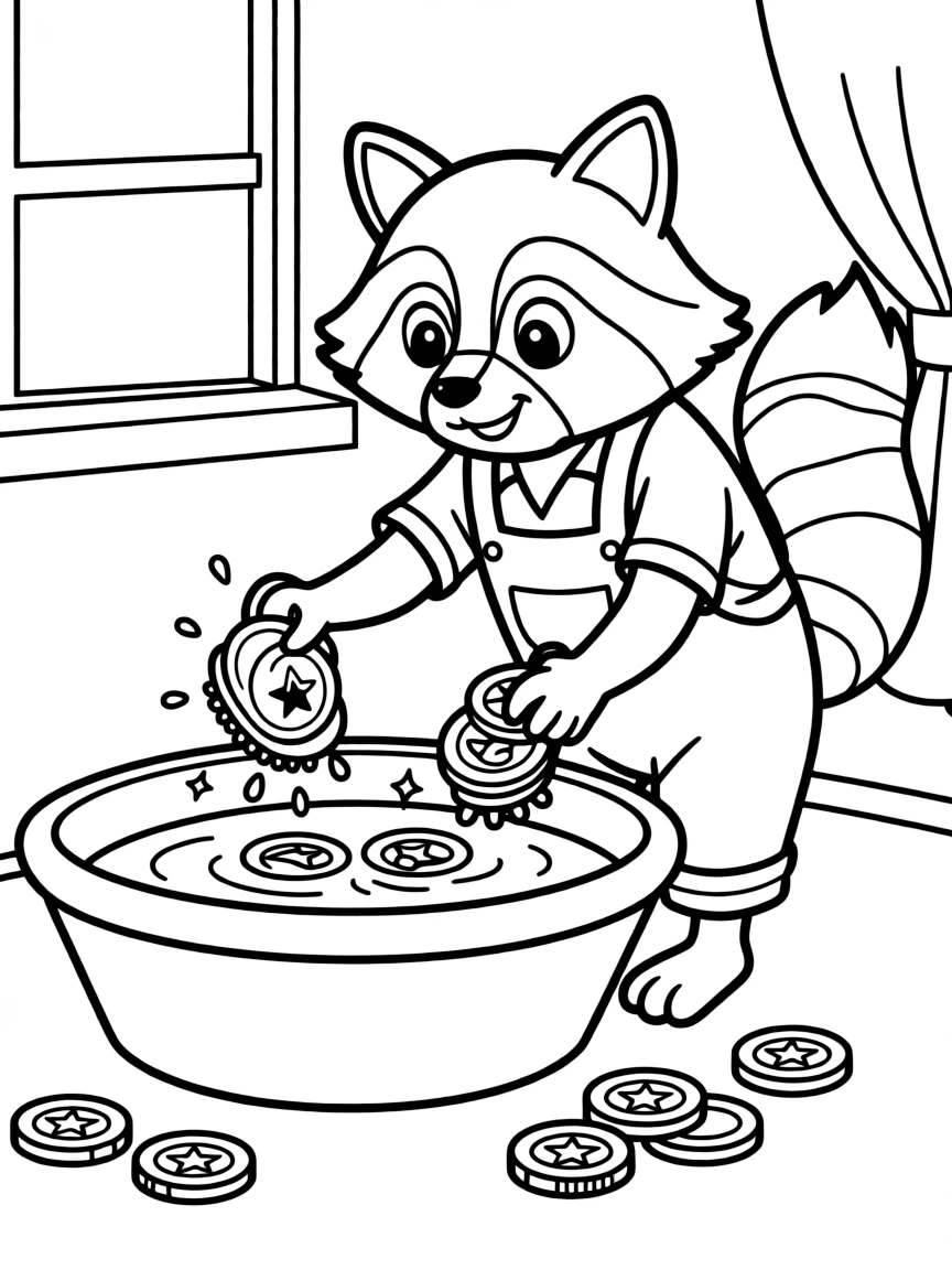 A clever raccoon washing shiny coins.