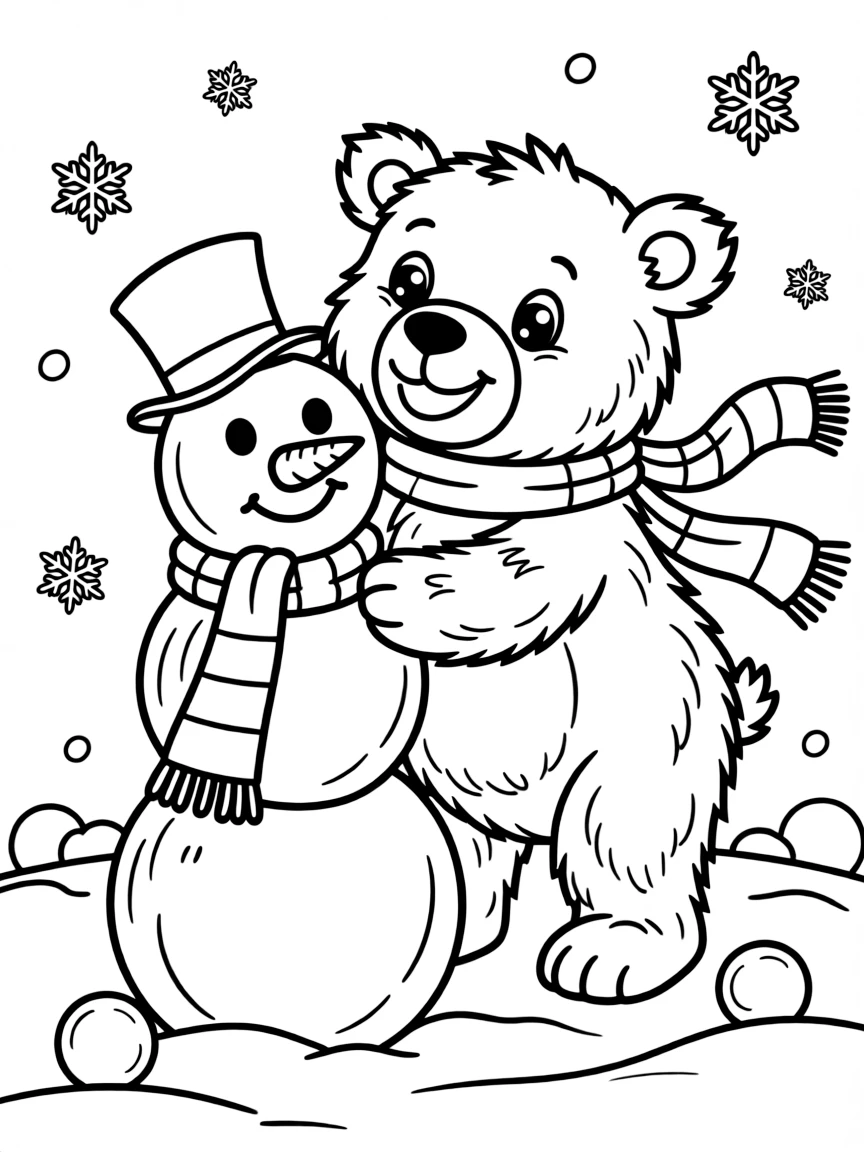 A fluffy polar bear building a snowman.