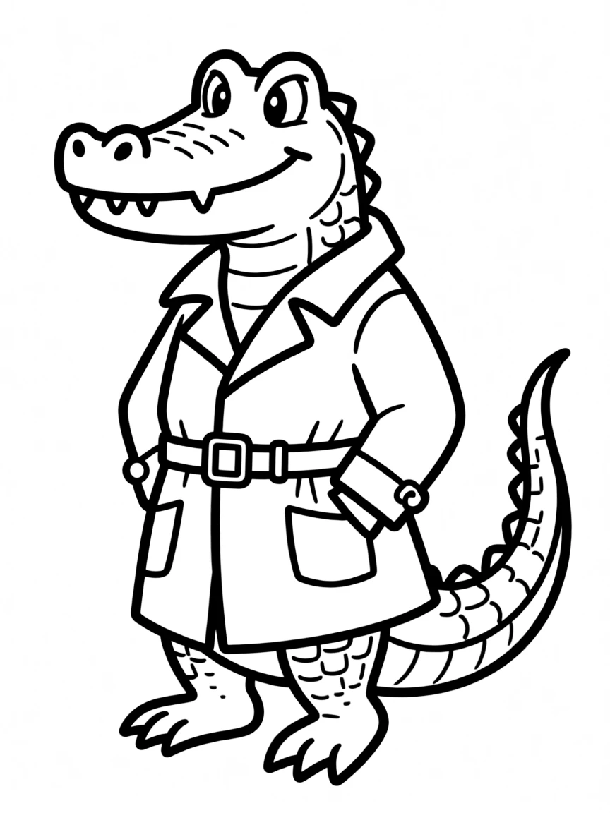 A sneaky crocodile wearing a detective's trench coat.