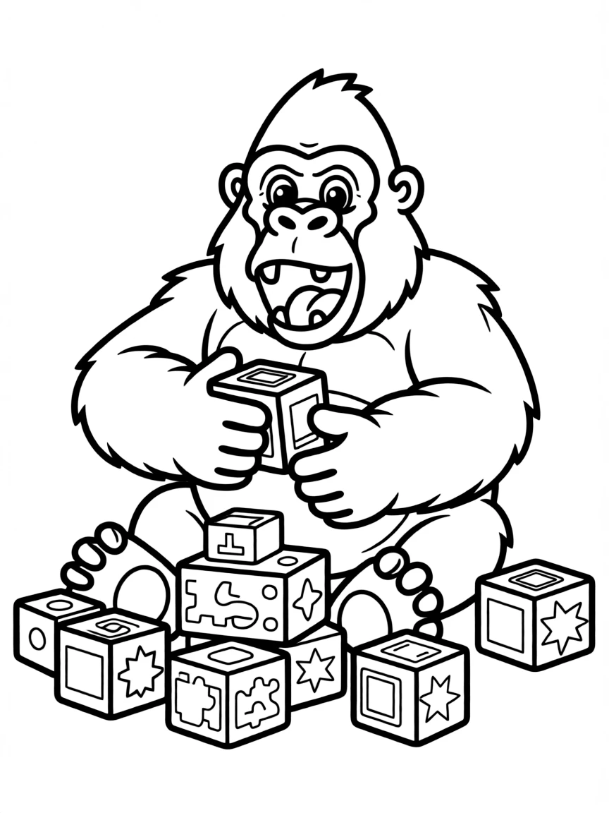 A roaring gorilla playing with building blocks.