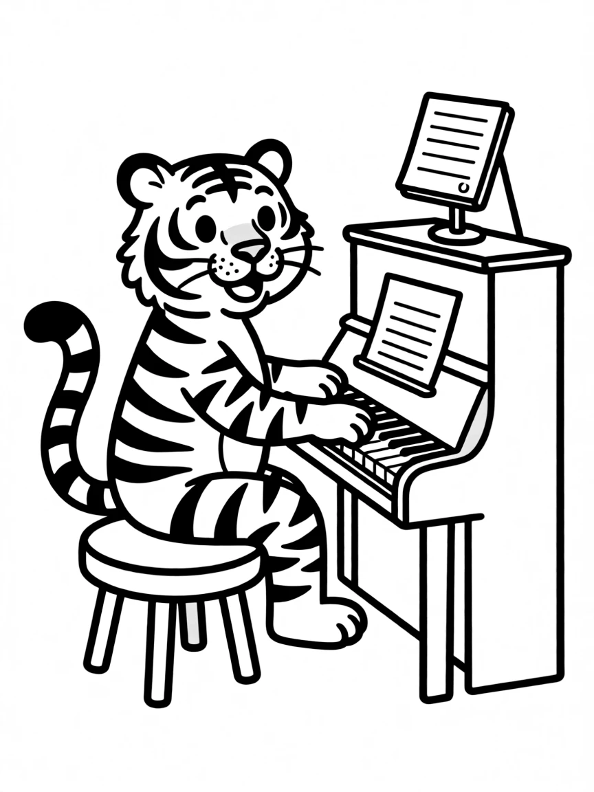 A striped tiger playing a piano.