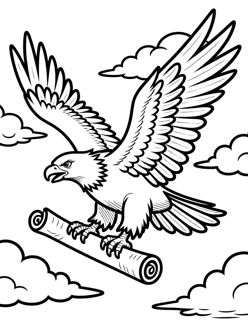 A majestic eagle flying with a scroll.