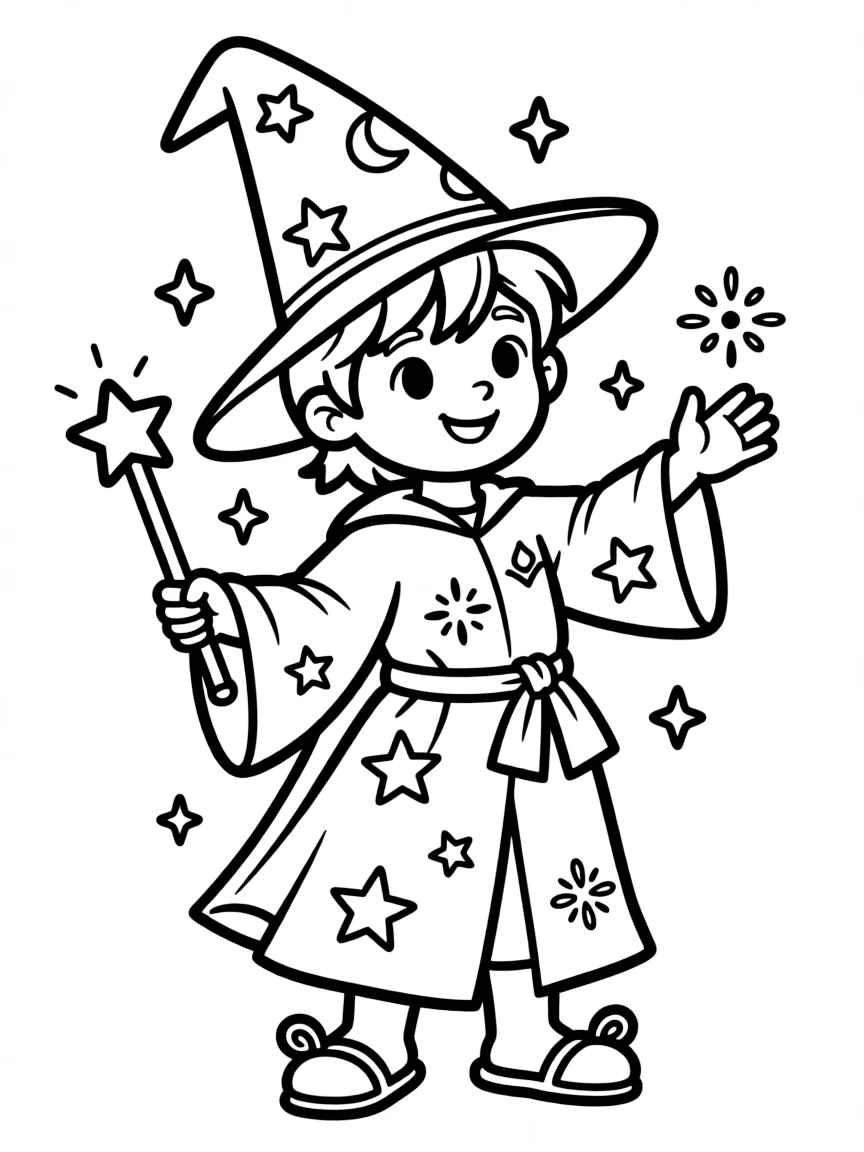 A child dressed as a friendly wizard.