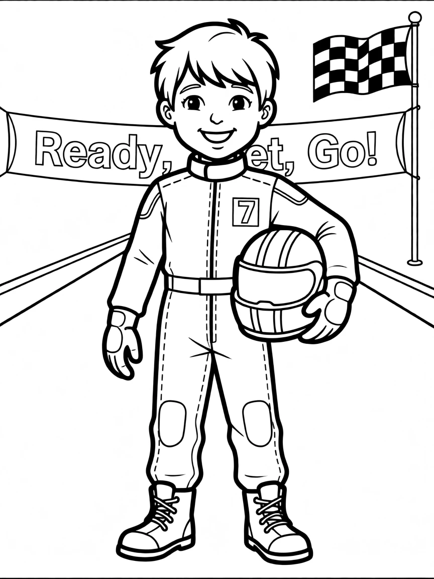 A child dressed as a speedy race car driver.