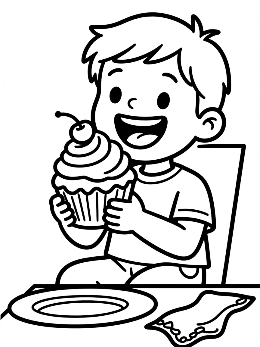 A child eating a happy cupcake.