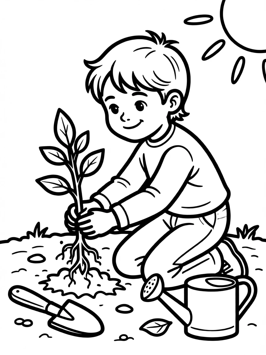 A child planting a tiny tree.
