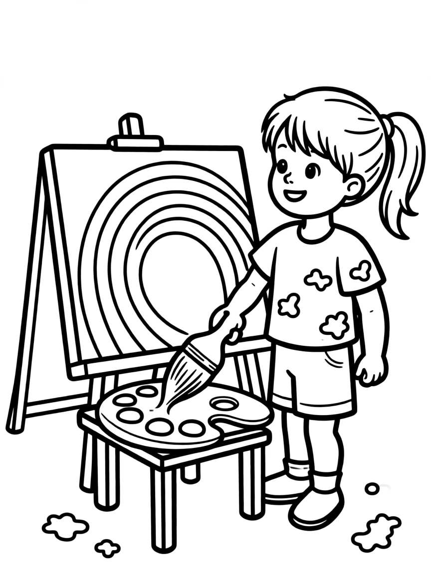 A child painting a rainbow.