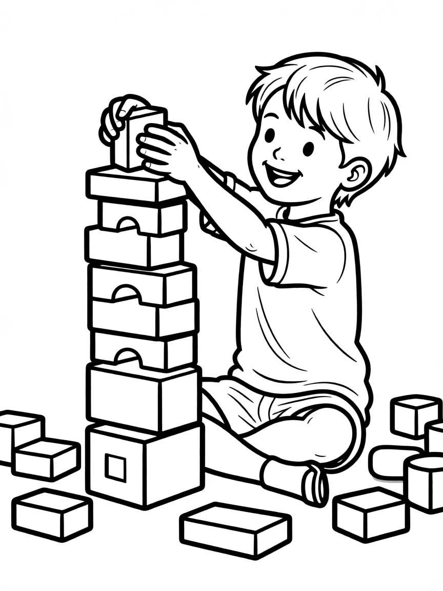 A child building a tall tower of blocks.