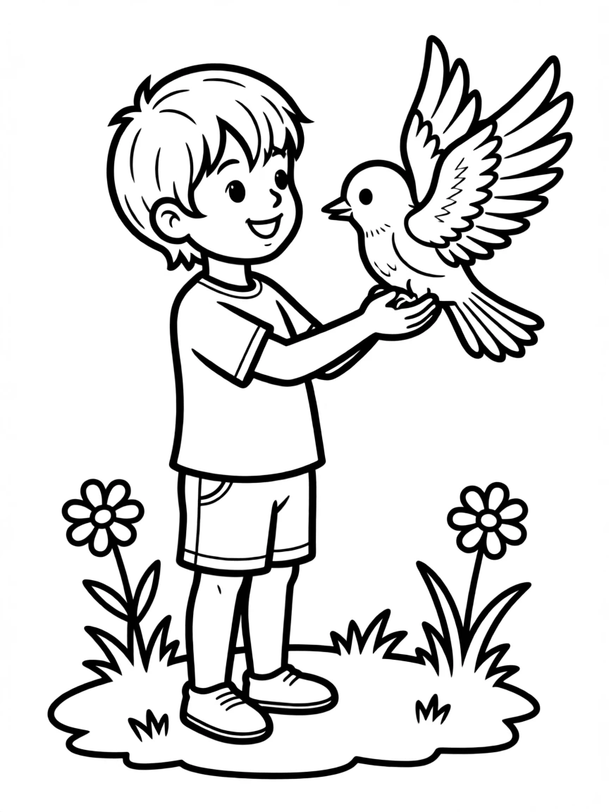 A child helping a bird fly.