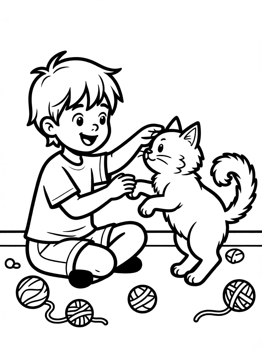A child playing with a pet cat.