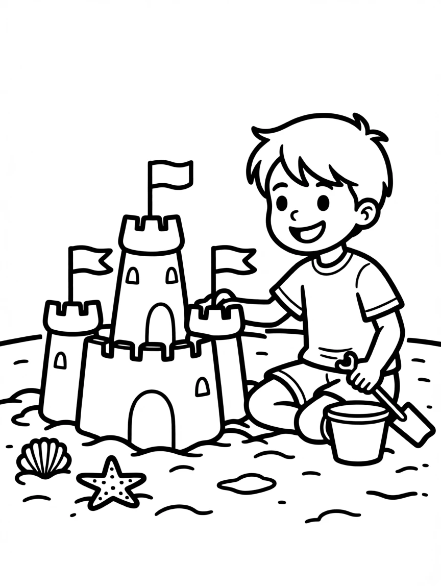 A child building a sandcastle with flags.