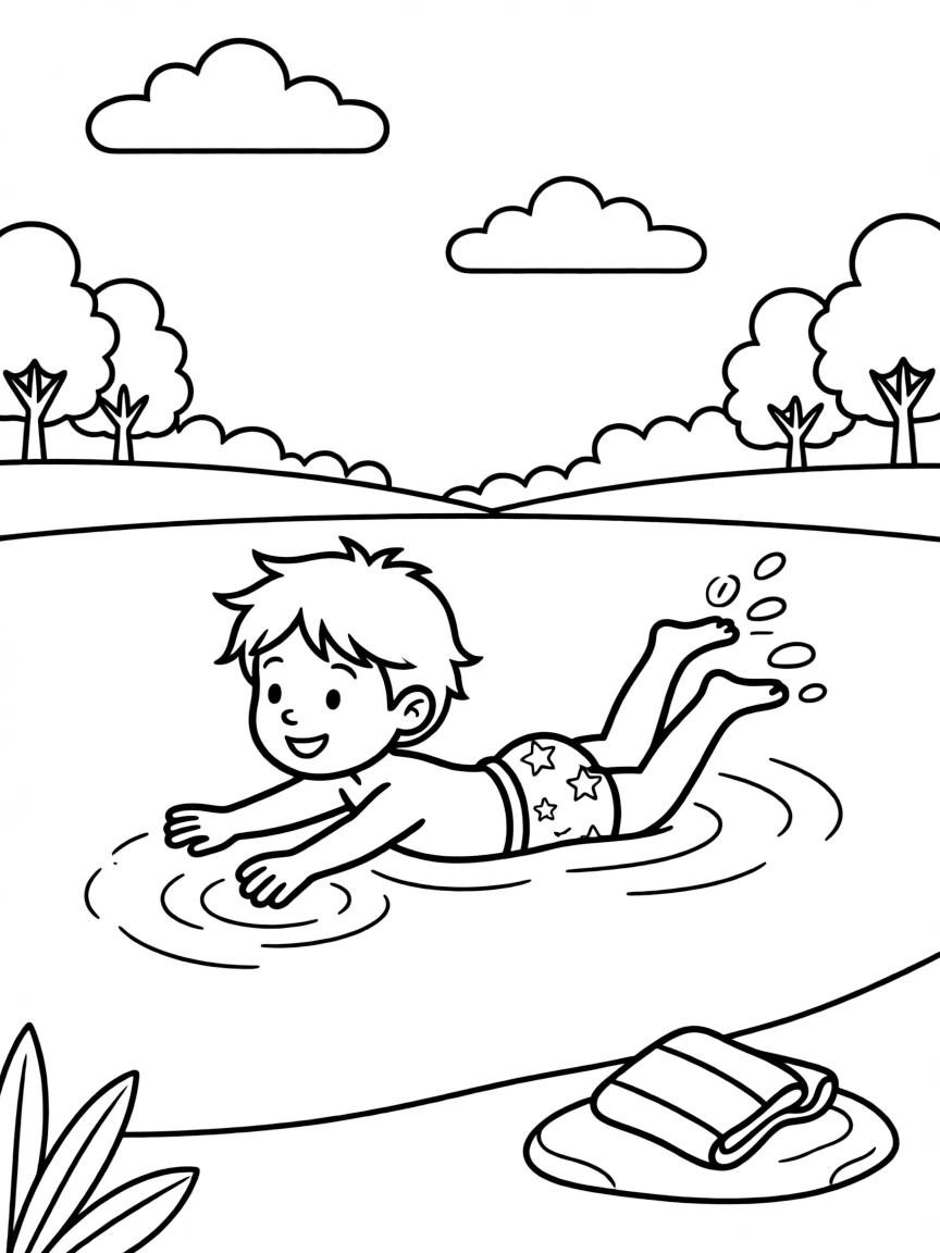 A child swimming in a calm lake.