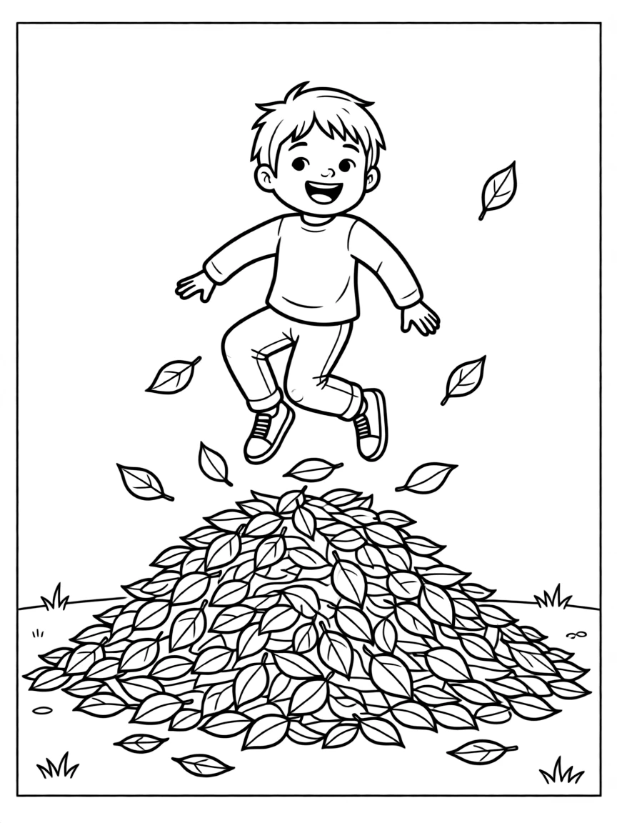 A child jumping in a pile of leaves.