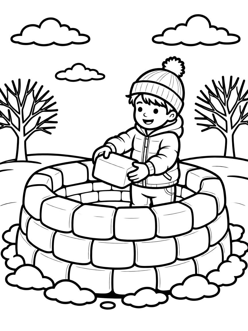 A child building a snow fort.