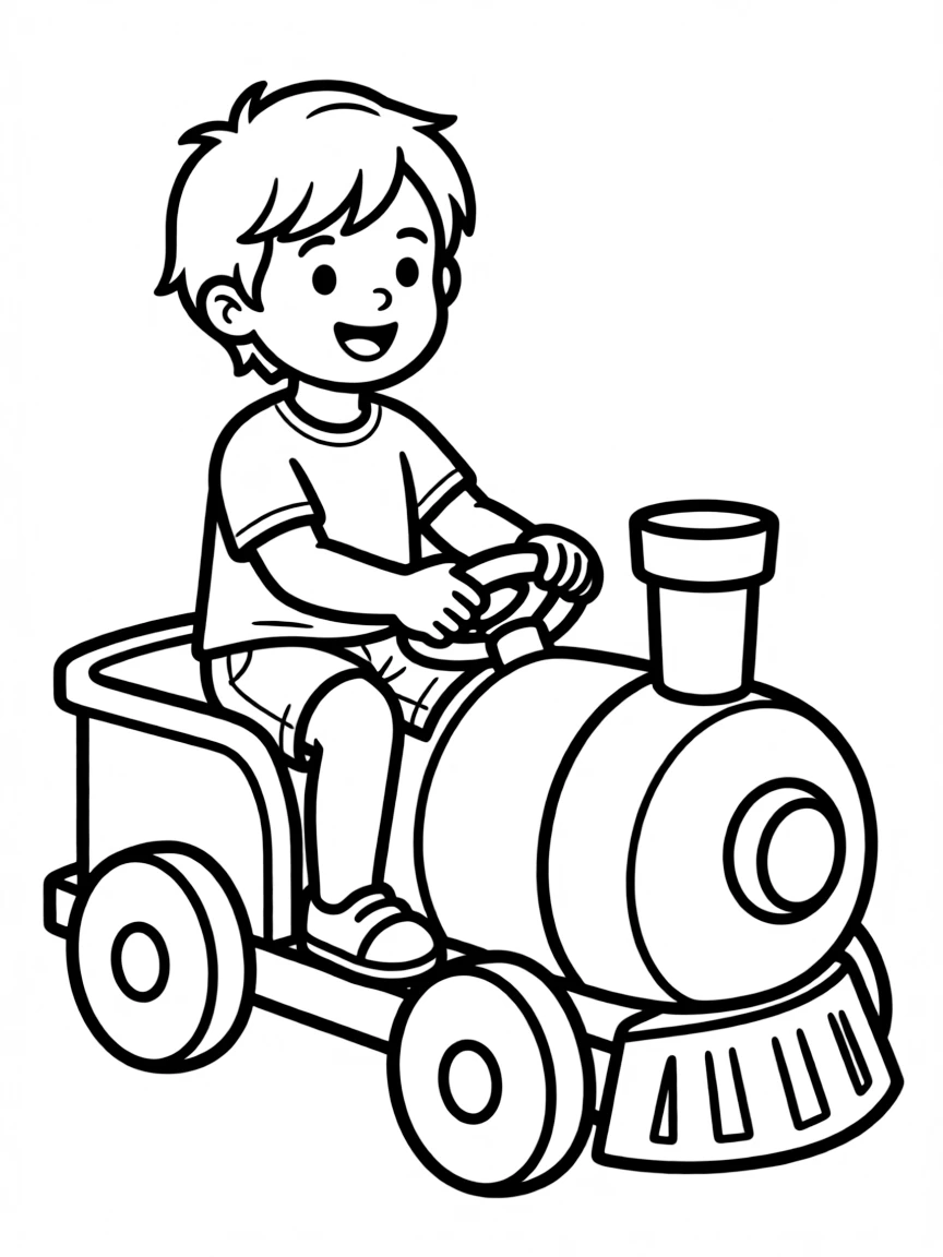 A child riding a toy train.