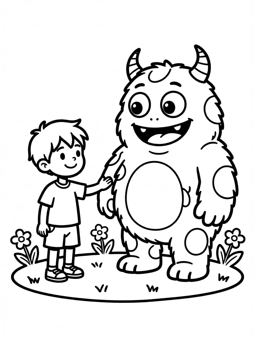 A child meeting a friendly monster.