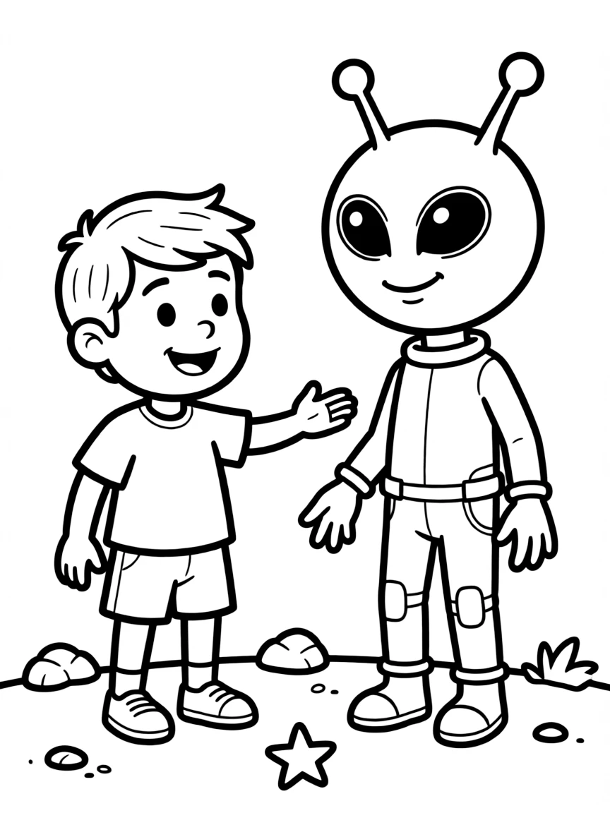 A child making friends with an alien.