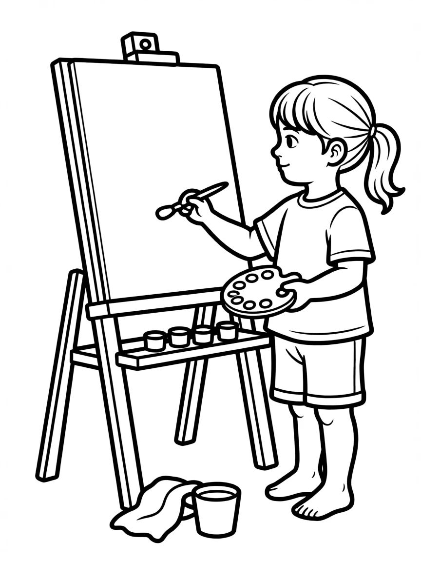A child painting on an easel.