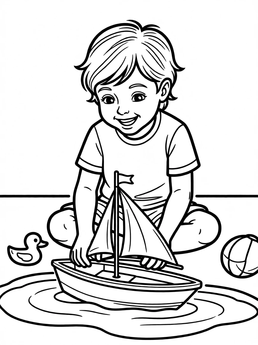 A child playing with a toy boat.