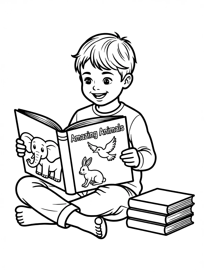 A child reading a big book about animals.