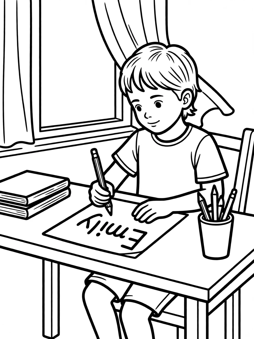 A child writing their name.