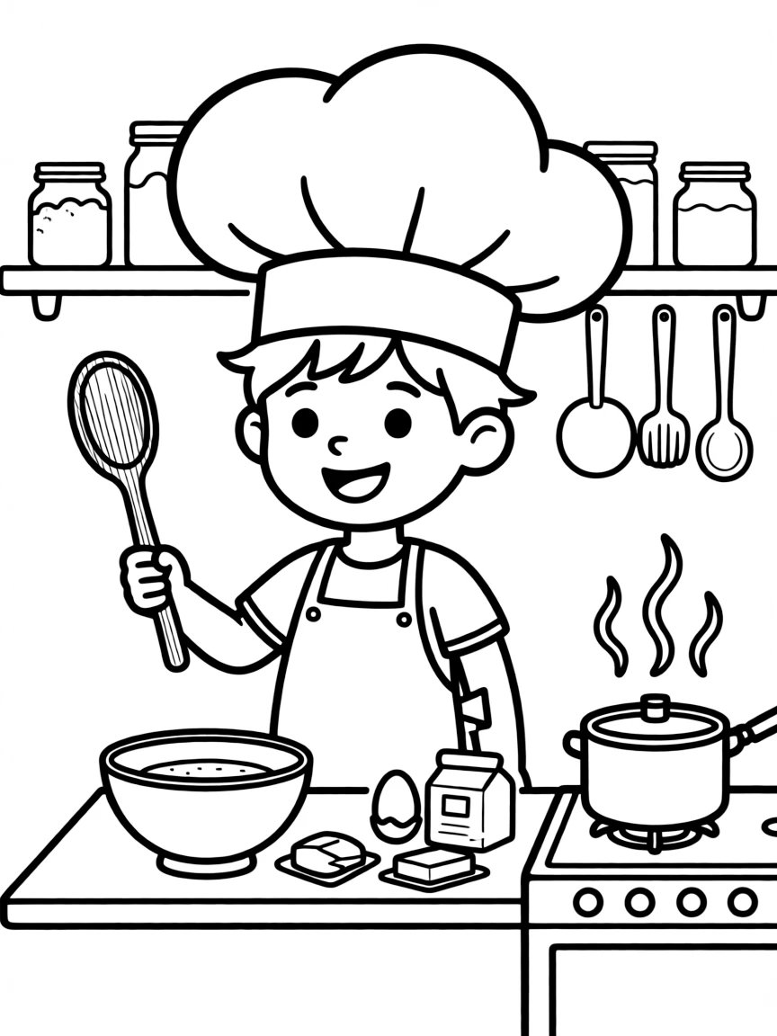 A child pretending to be a chef.
