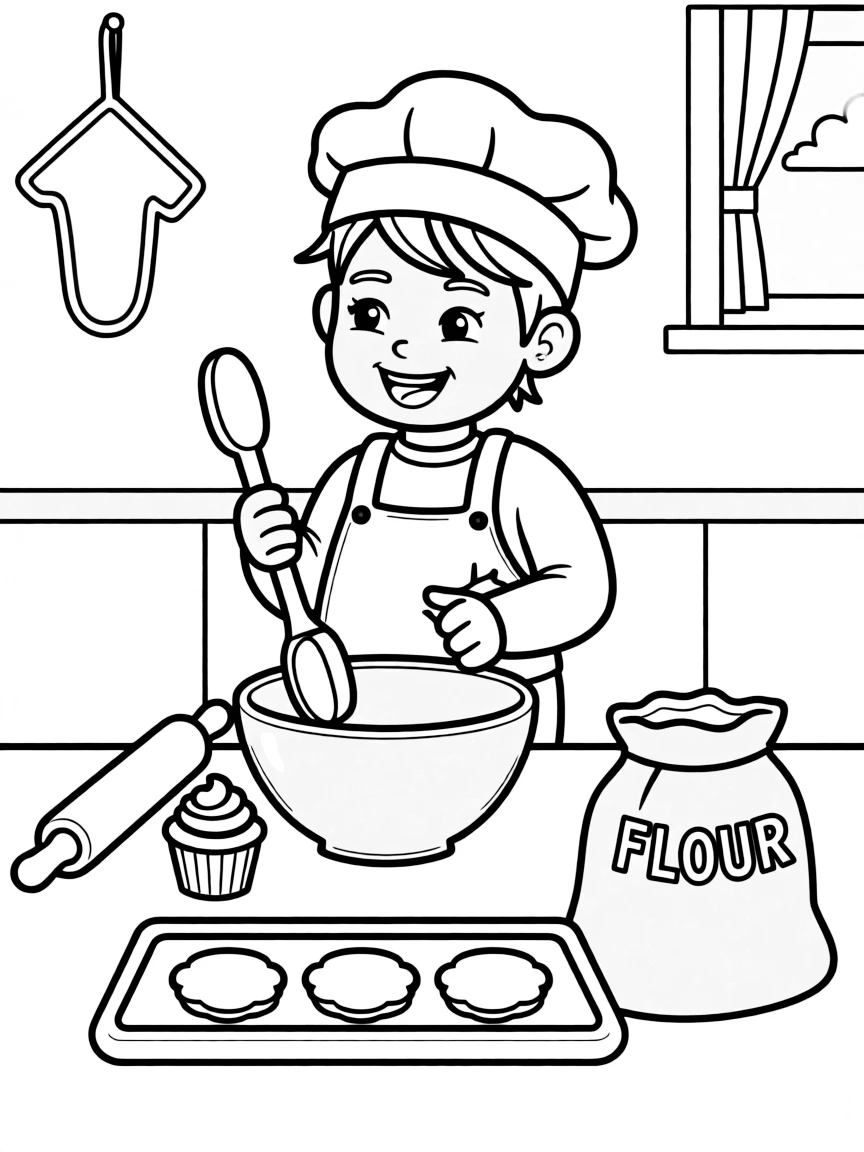 A child pretending to be a baker.
