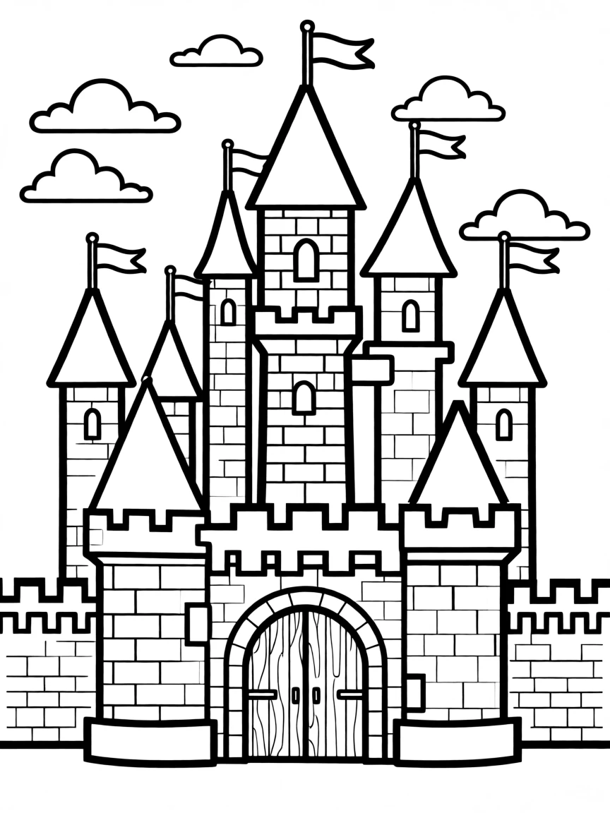 A castle with flags flying.