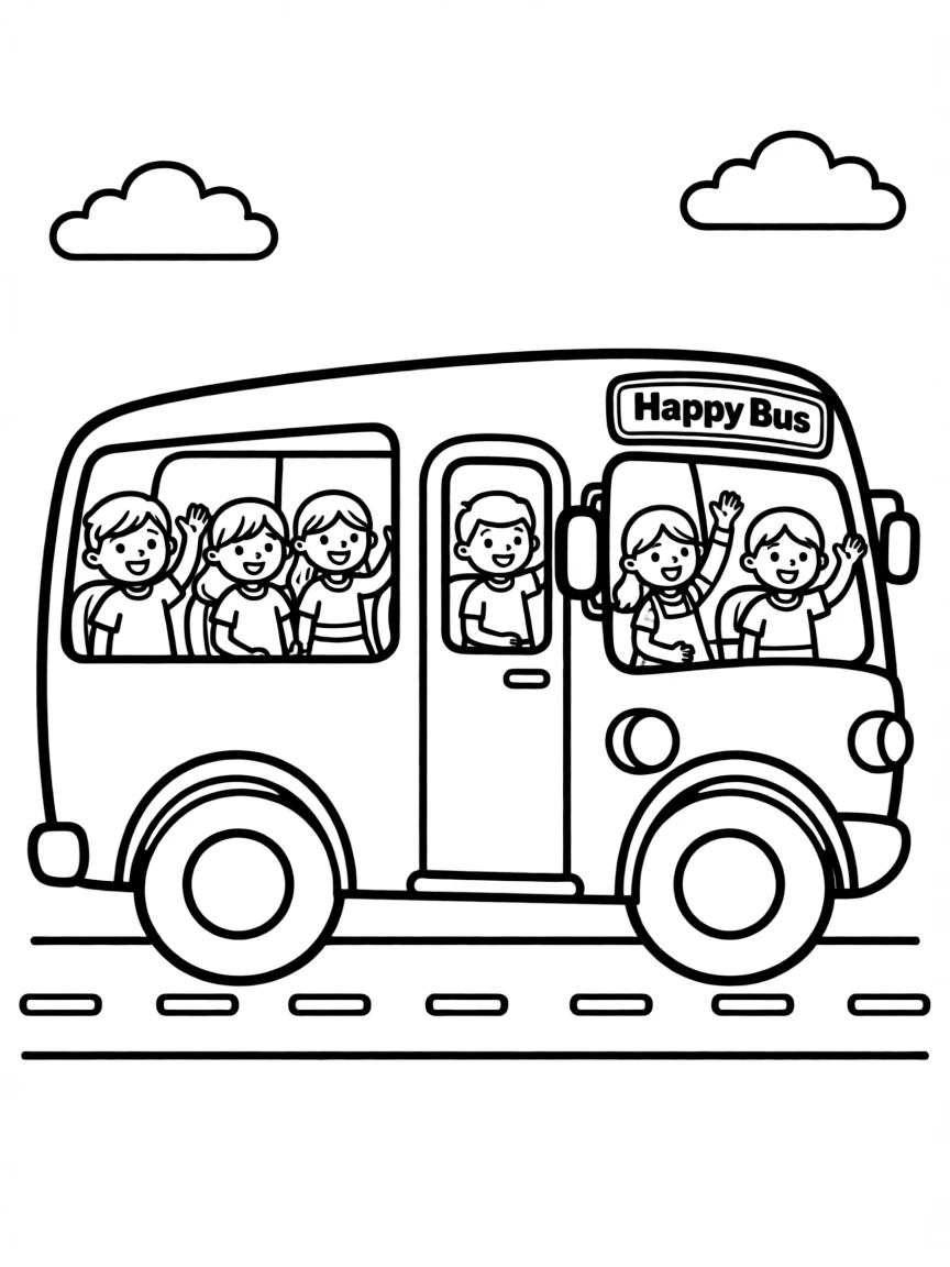 A bus with happy passengers.