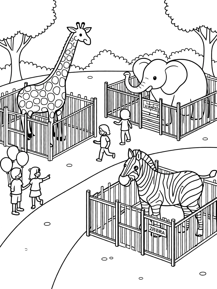 A zoo with animal enclosures.