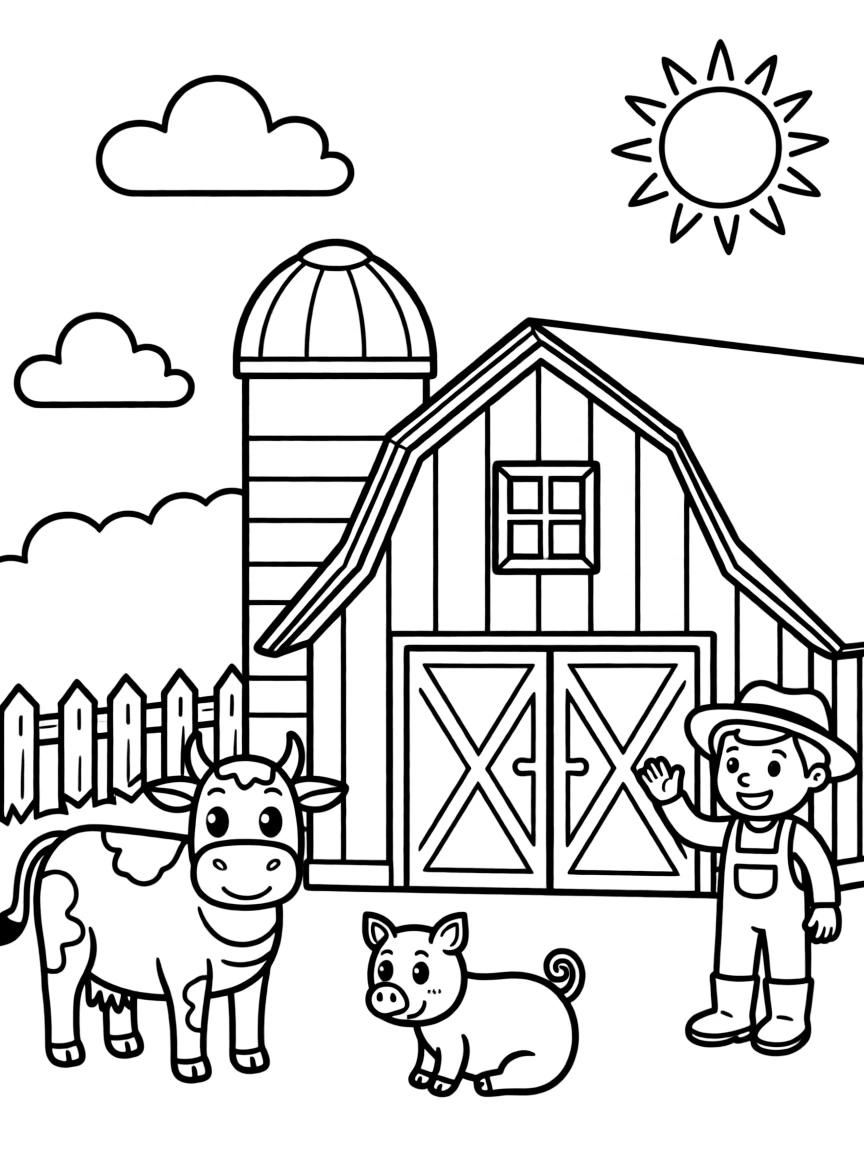A farm with barns and animals.