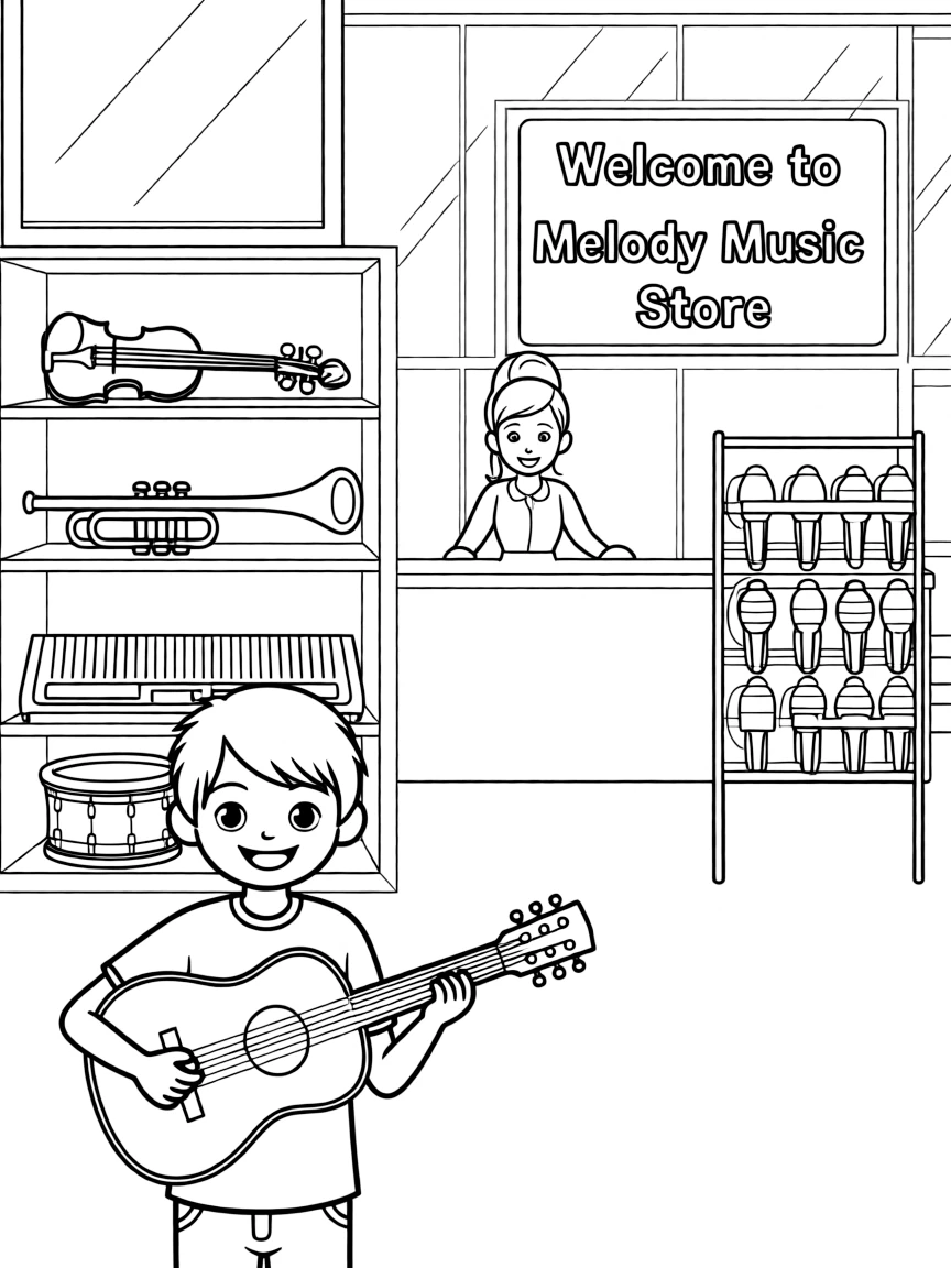 A music store with instruments.