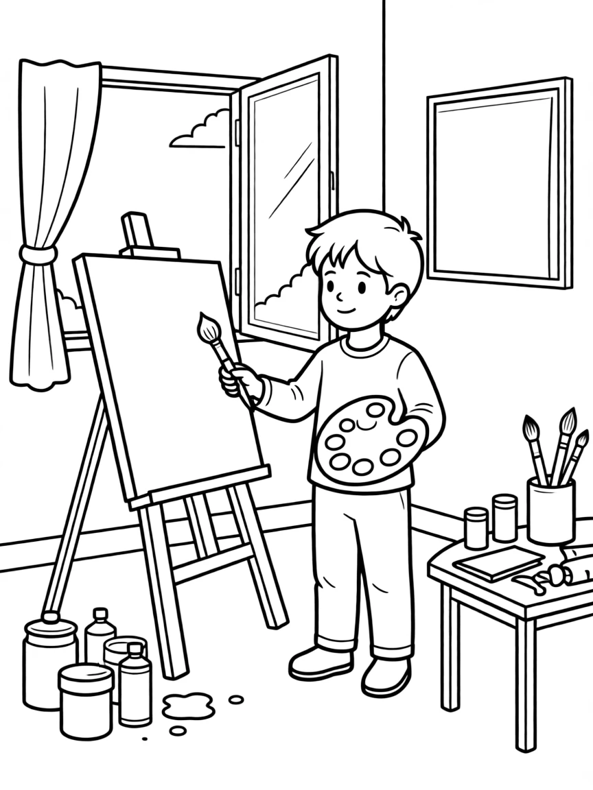 A art studio with paint and brushes.