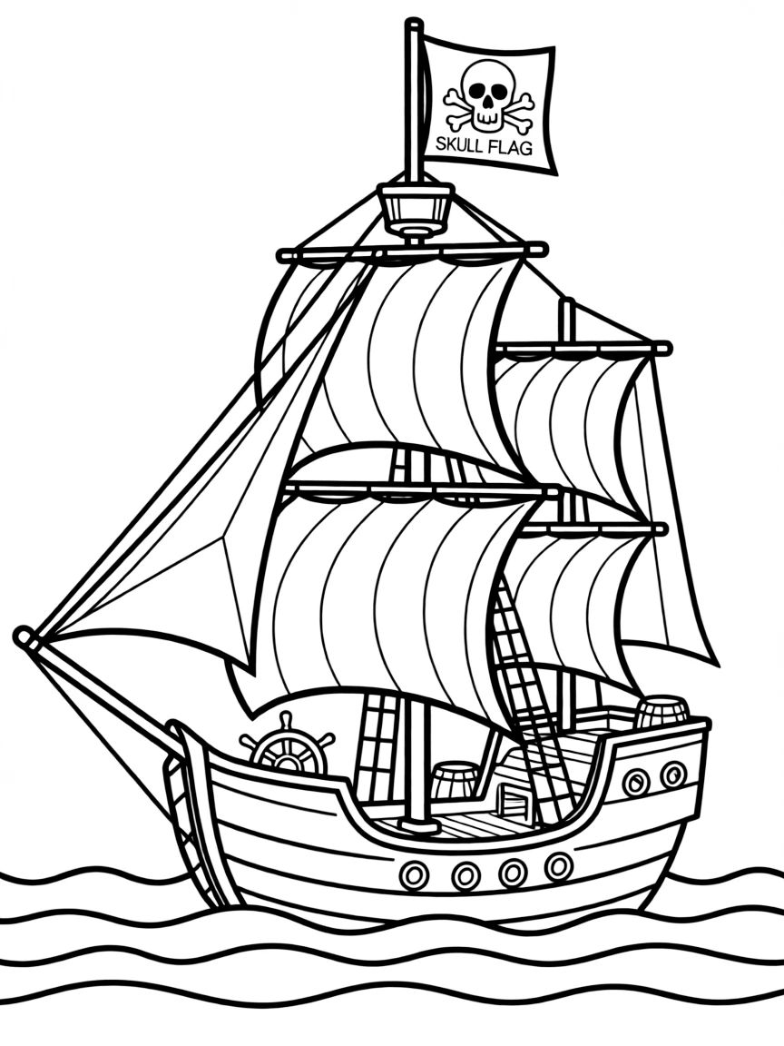 A pirate ship with a skull flag.
