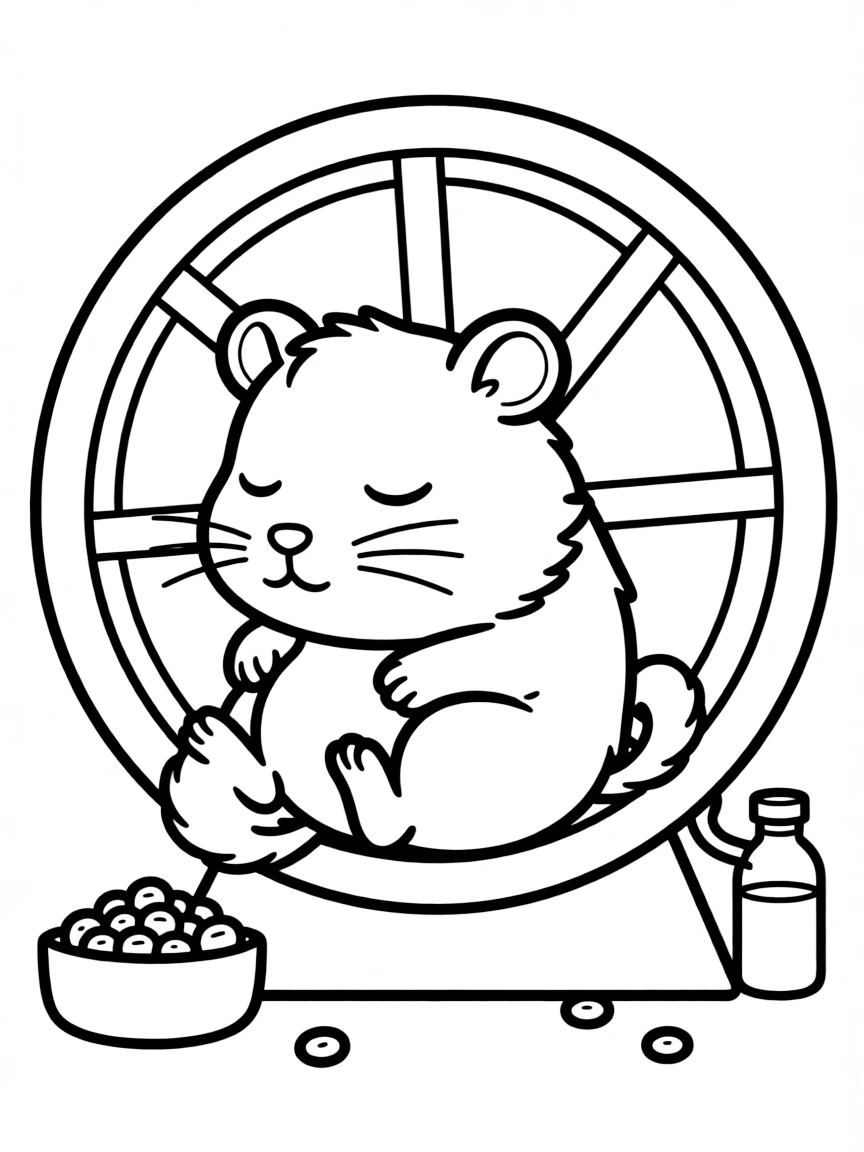 A sleepy hamster in its wheel.